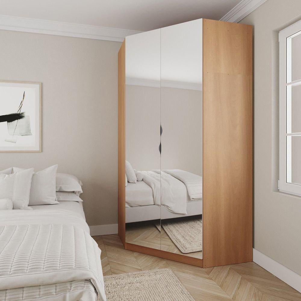 Guarda Roupa de Canto Closet com 6 Prateleiras e Portas de Espelho Modular Hera Cabecasa Madeiramade Louro/Branco Geada