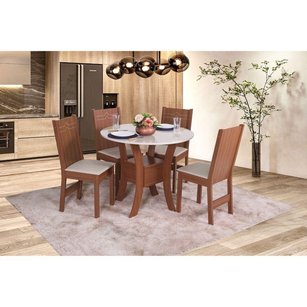 Conjunto Sala de Jantar com Mesa Redonda Ayla 4 Cadeiras Elane Naturalle/Off White