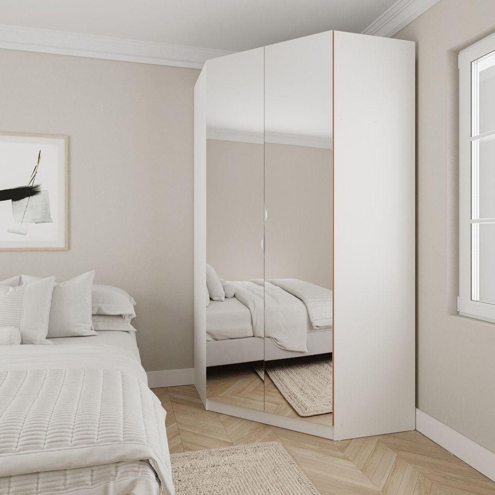 Guarda Roupa de Canto Closet com 6 Prateleiras e Portas de Espelho Modular Hera Cabecasa Madeiramade Branco Geada/Louro