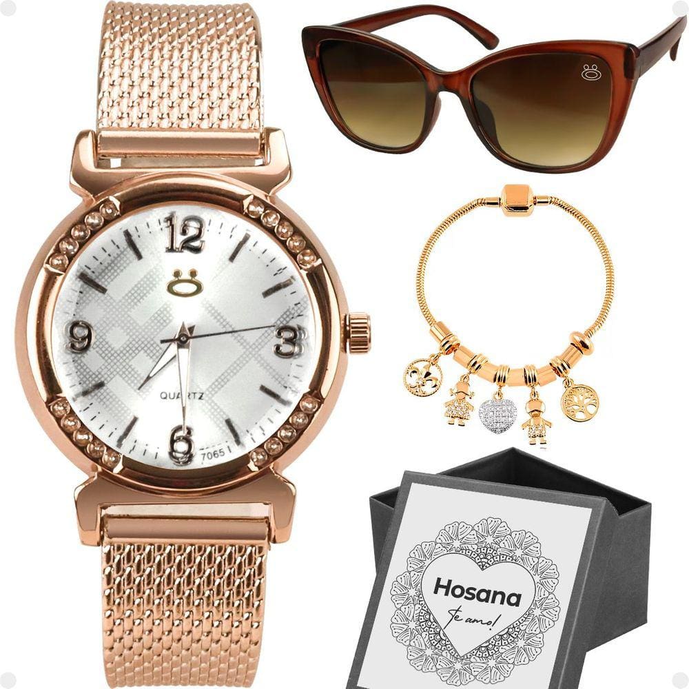 Relogio feminino aço rose + pulseira + oculos sol + caixa