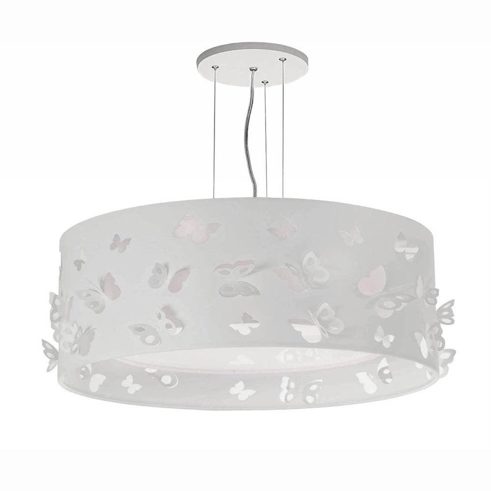 Lustre Infantil Pendente Borboletas Duplo 40x16cm Branco/Branco