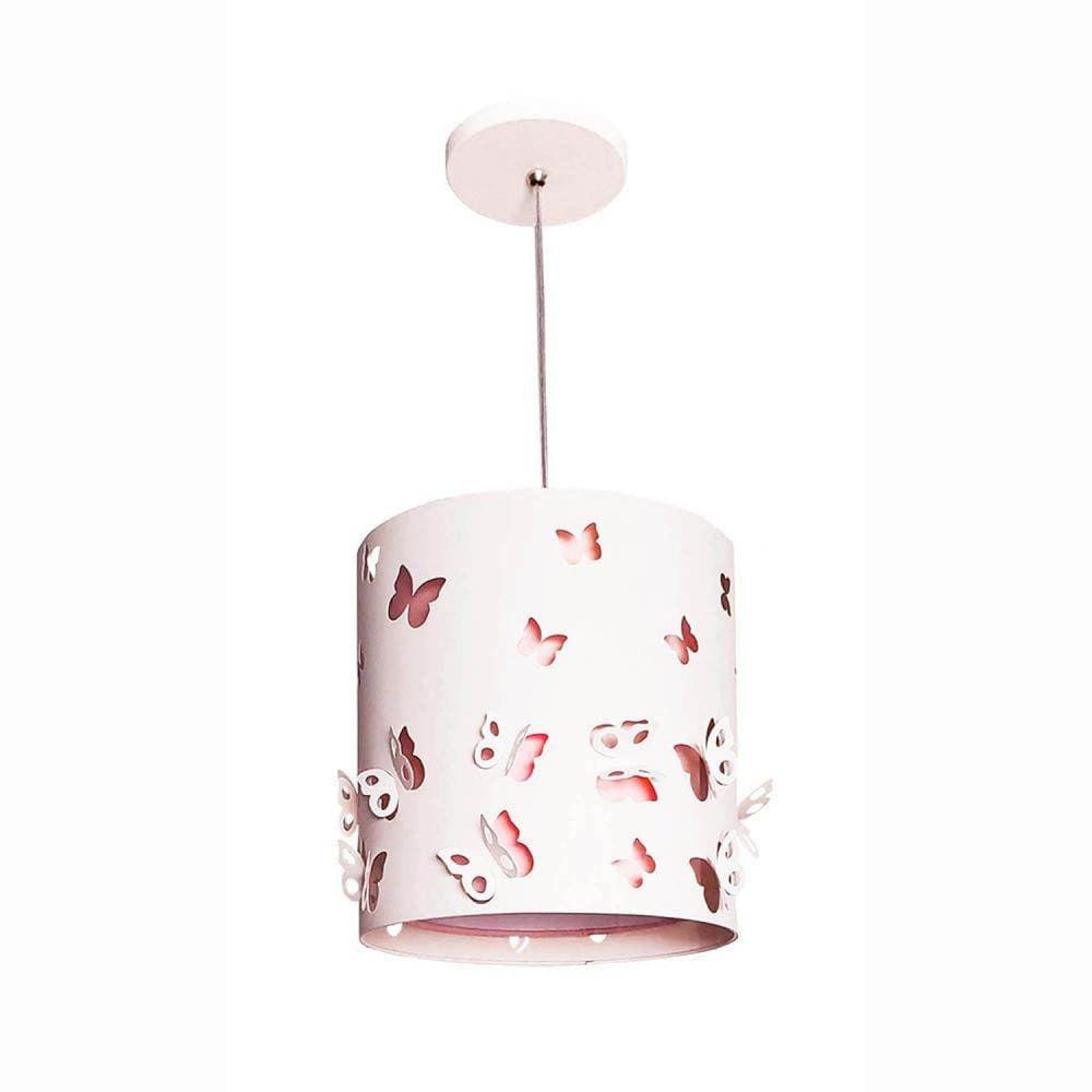 Lustre Infantil Pendente Borboletas 25cmx25cm Rosa/Branco