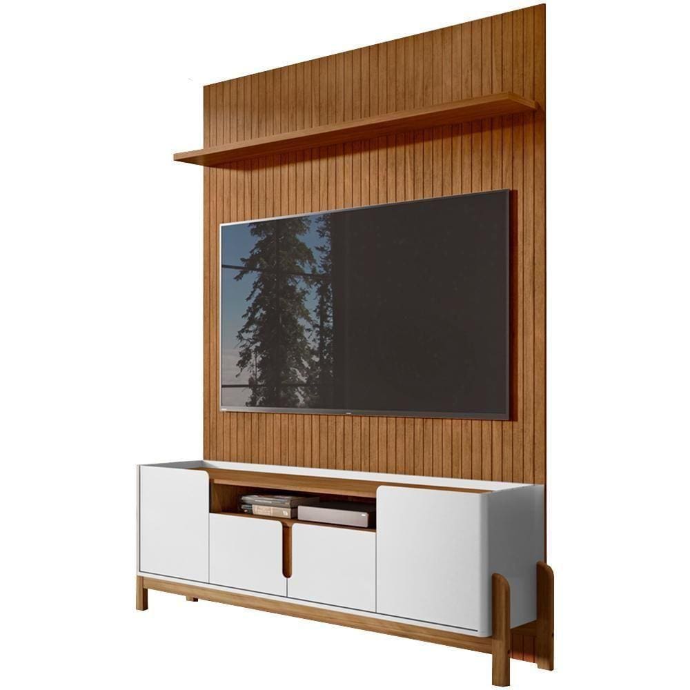Painel Frisado 220x160 Cm E Rack 4 Portas 170 Cm Branco Cedro Dcasa Branco Cedro