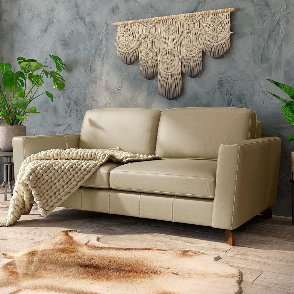Sofá Sala De Estar Living 4 Lugares 280cm Presley Pés Madeira Couro Bege G52 - Gran Belo