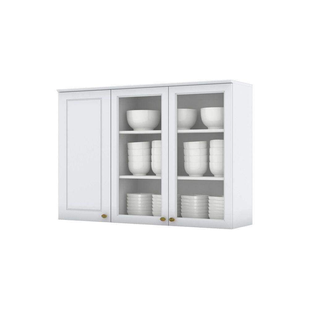 Armário Aéreo 120 Cm 03 Portas De Vidro Amy Branco Hp Casa 812 Branco Hp