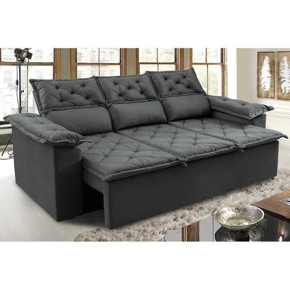 Sofá 3 Lugares Retrátil E Reclinável Cama Inbox Compact 2,00m Velusoft Cinza