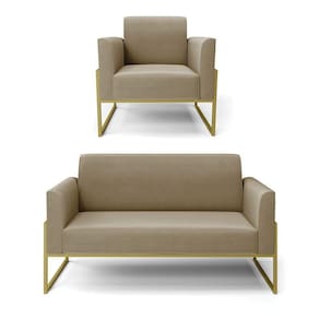 Sofá Namoradeira Com Poltrona Base Industrial Alta Dourado Marisa Suede D03 - D\`rossi Cor Marrom Rato
