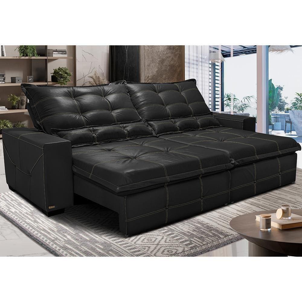 Sofá De Courino Retrátil E Reclinável 3,15m Cama Inbox Bourbon SoftgelD40 Preto
