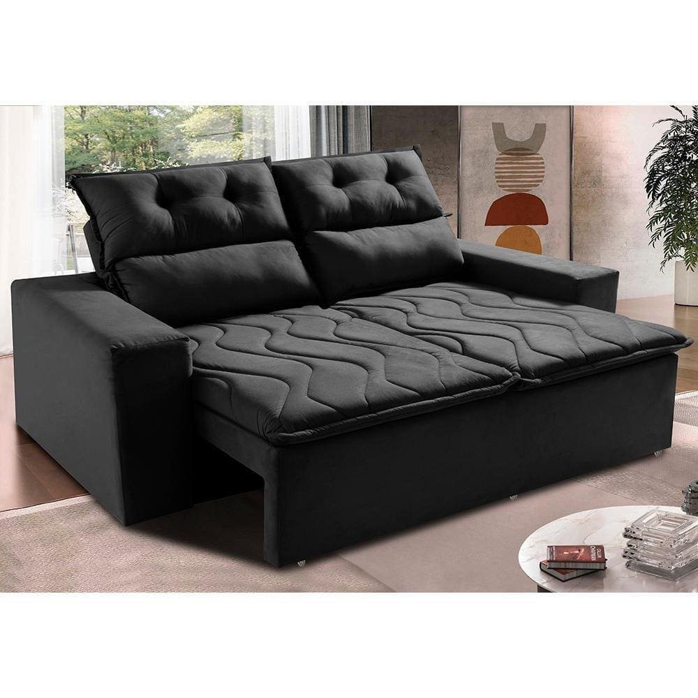 Sofá Retrátil E Reclinável 1,50m Cama Inbox Smal Com Bordado Pantográfico Suede Preto