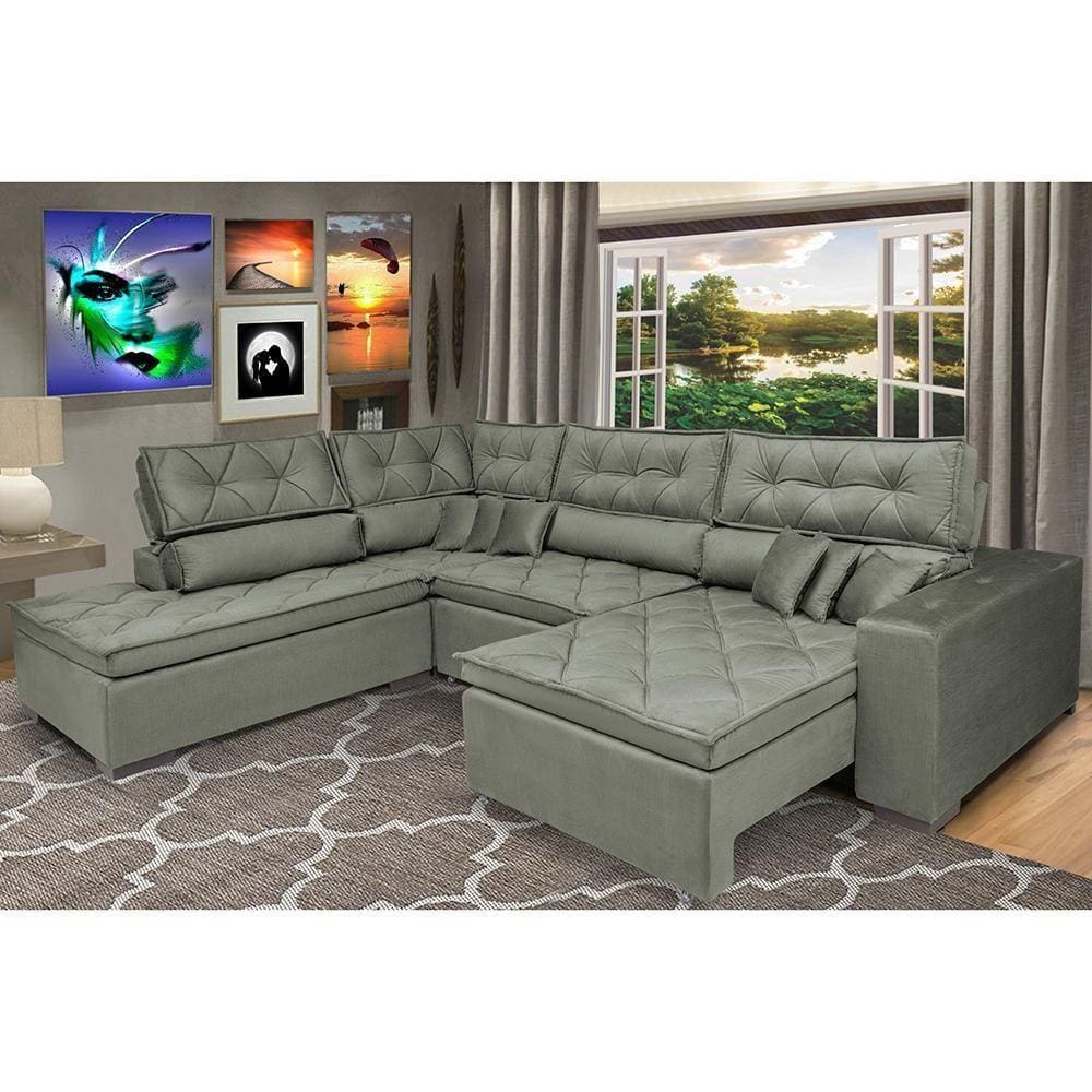 Sofa De Canto Retrátil E Reclinável Com Molas Cama Inbox Platinum Esquerdo 3,00x2,36 Suede Cinza