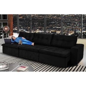 Sofá Austrália 4,12 Mts Retrátil, Reclinável Com Molas E Pillow No Assento Tecido Suede Preto