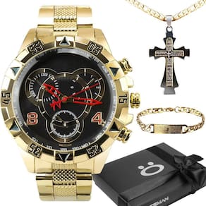 Relogio banhado cruz prova dagua + pulseira + caixa casual pesado social grande ouro presente