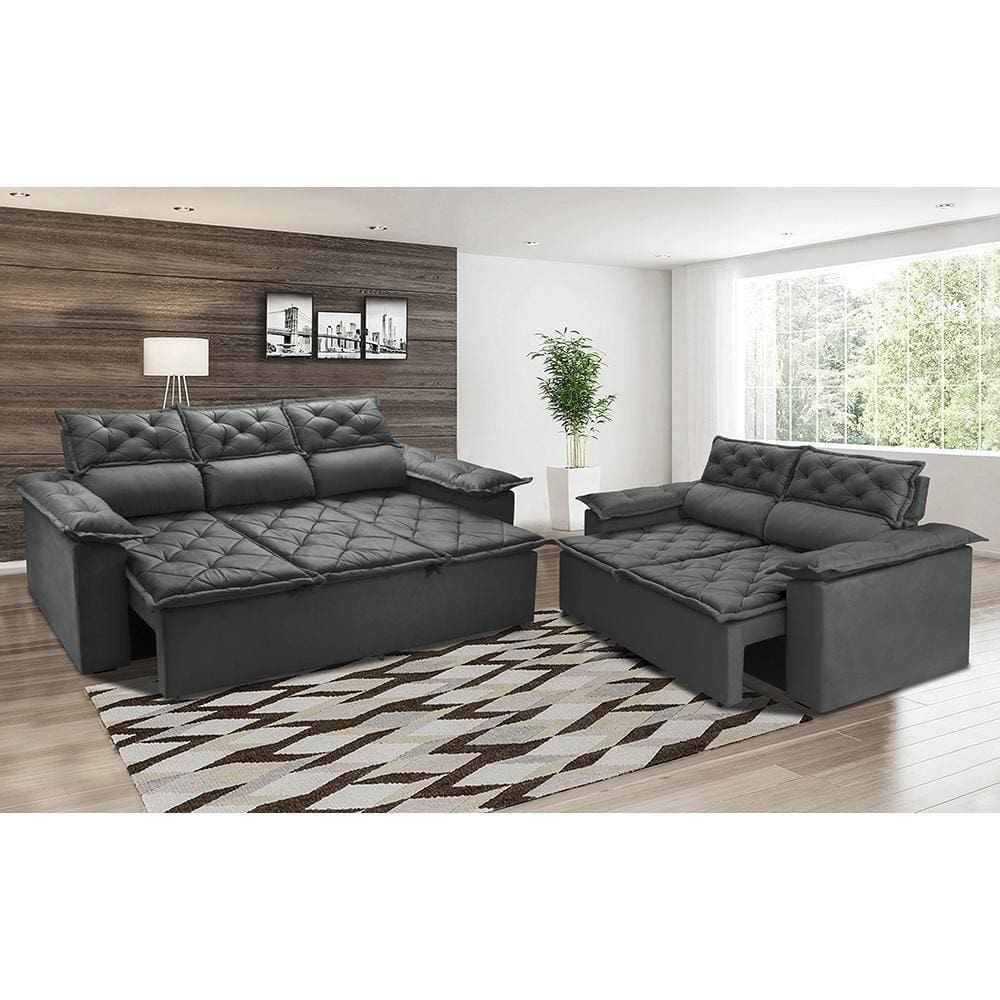 Conjunto De Sofá 3 E 2 Lugares Retrátil E Reclinável Cama Inbox Compact 2,00x1,50m Velusoft Cinza