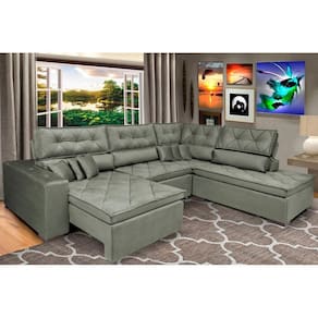 Sofa De Canto Retrátil E Reclinável Com Molas Cama Inbox Platinum 3,40x2,36 Tecido Suede Cinza
