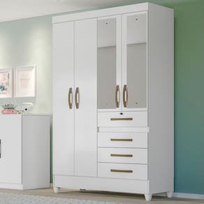 Guarda Roupa Solteiro 4 Portas Com Espelho 4 Gavetas Branco / Rosa / Azul / Lilas Flex Sobral