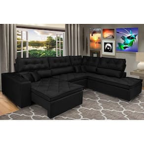Sofa De Canto Retrátil E Reclinável Com Molas Cama Inbox Platinum 3,00x2,36 Tecido Suede Preto