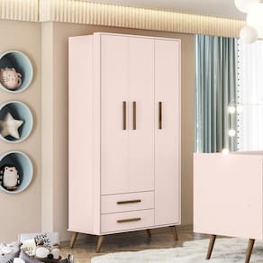 Guarda-Roupa 3 Portas Com 2 Gavetas Retrô Rosa Acetinado