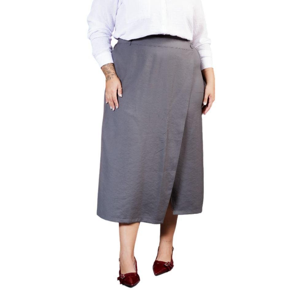 Saia Midi Transpassada Cinza Plus Size