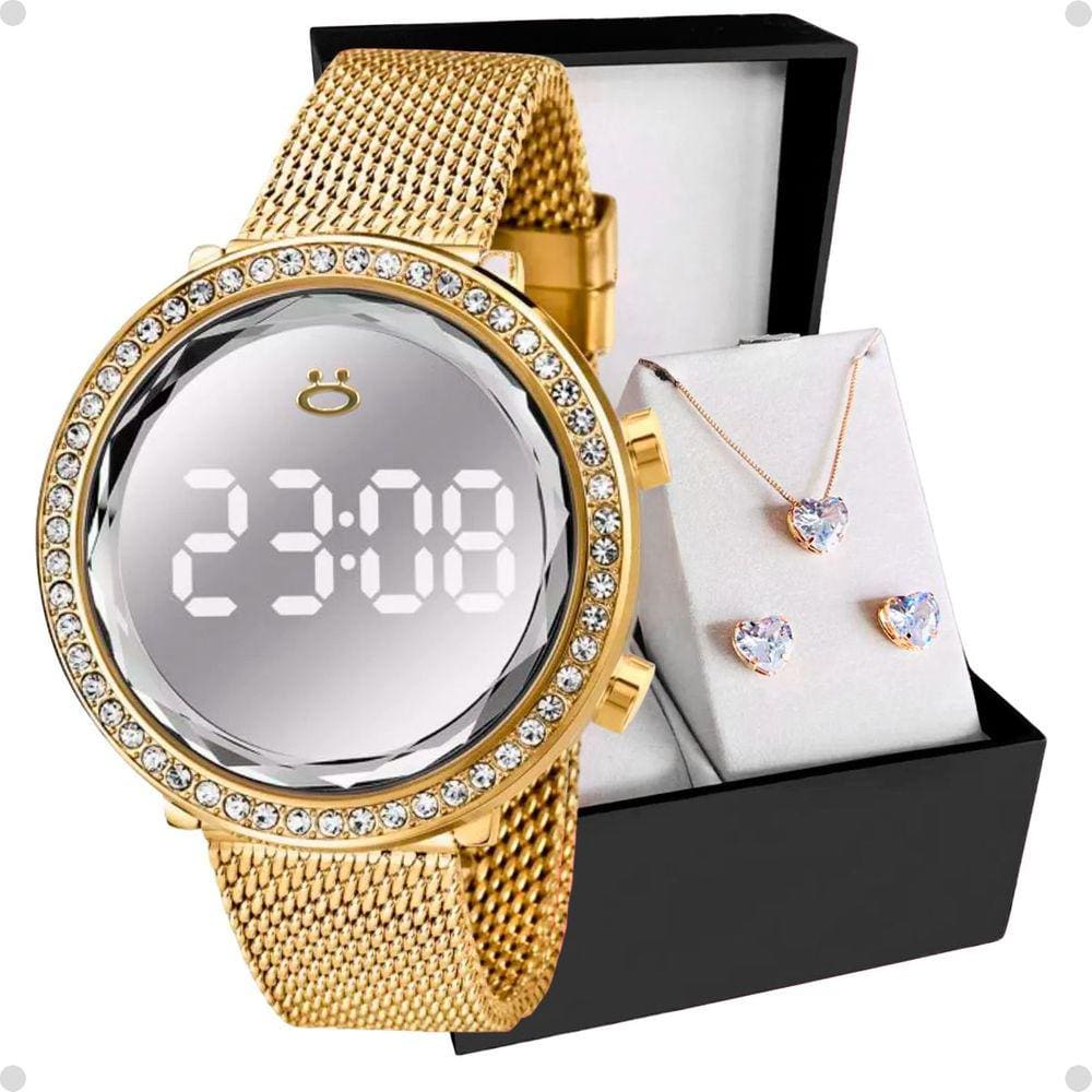 Relógio Digital Led Feminino Dourado Banhado Brilhante Moda Luxo + Colar Brinco Strass Garantia