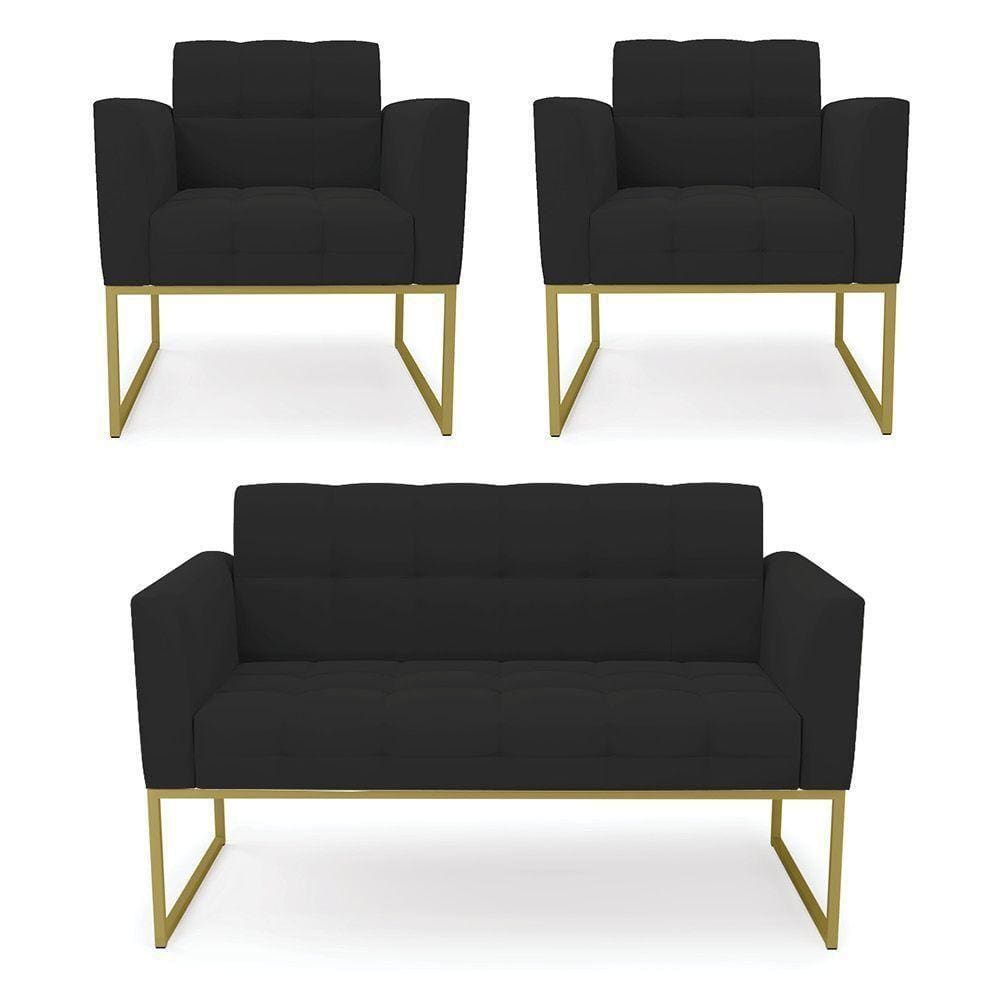 Kit 1 Sofá Namoradeira E 2 Poltronas Elisa Veludo Base Metálica Industrial Dourado - D`rossi Cor Preto