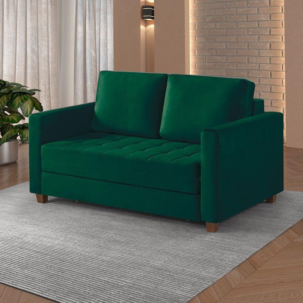 Sofá Cama 2 Lugares 150 Casal Veludo Paris Verde C/ Castanho