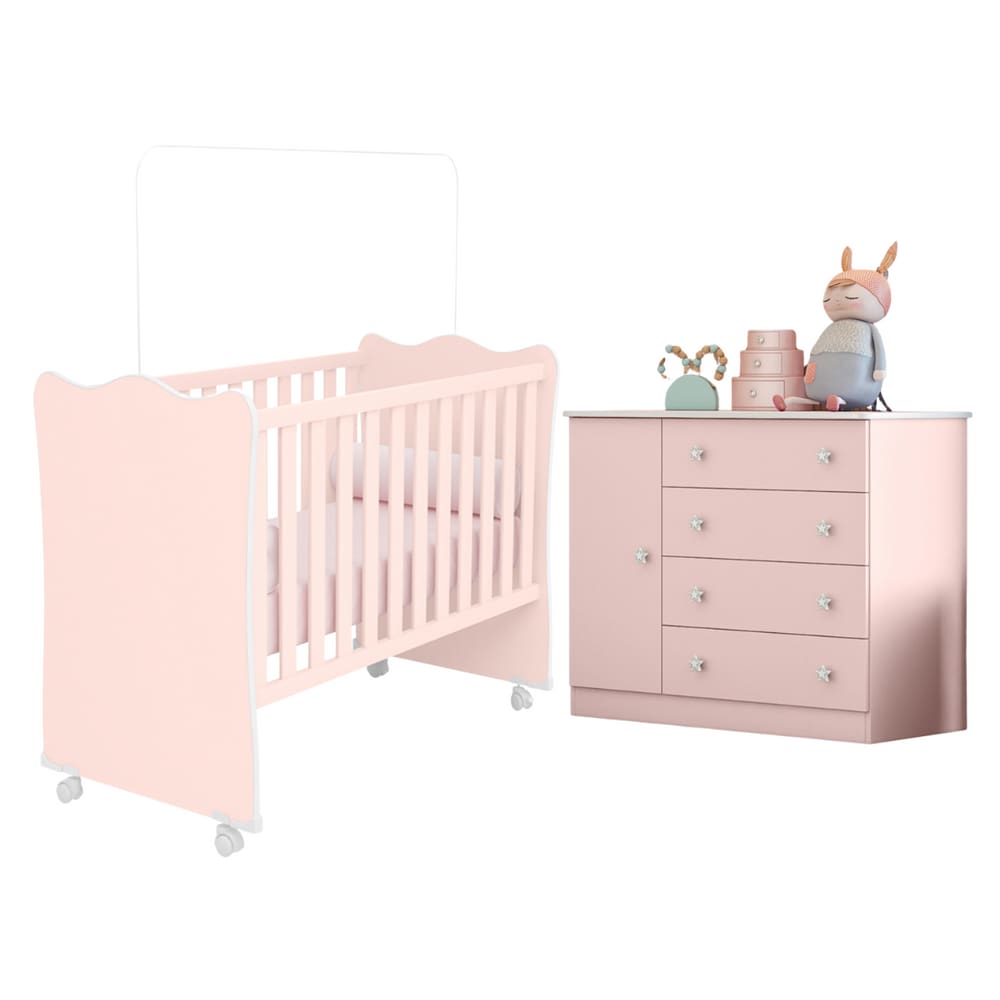 Gaveteiro e Berço com Rodizio Espanha Rosa Acetinado