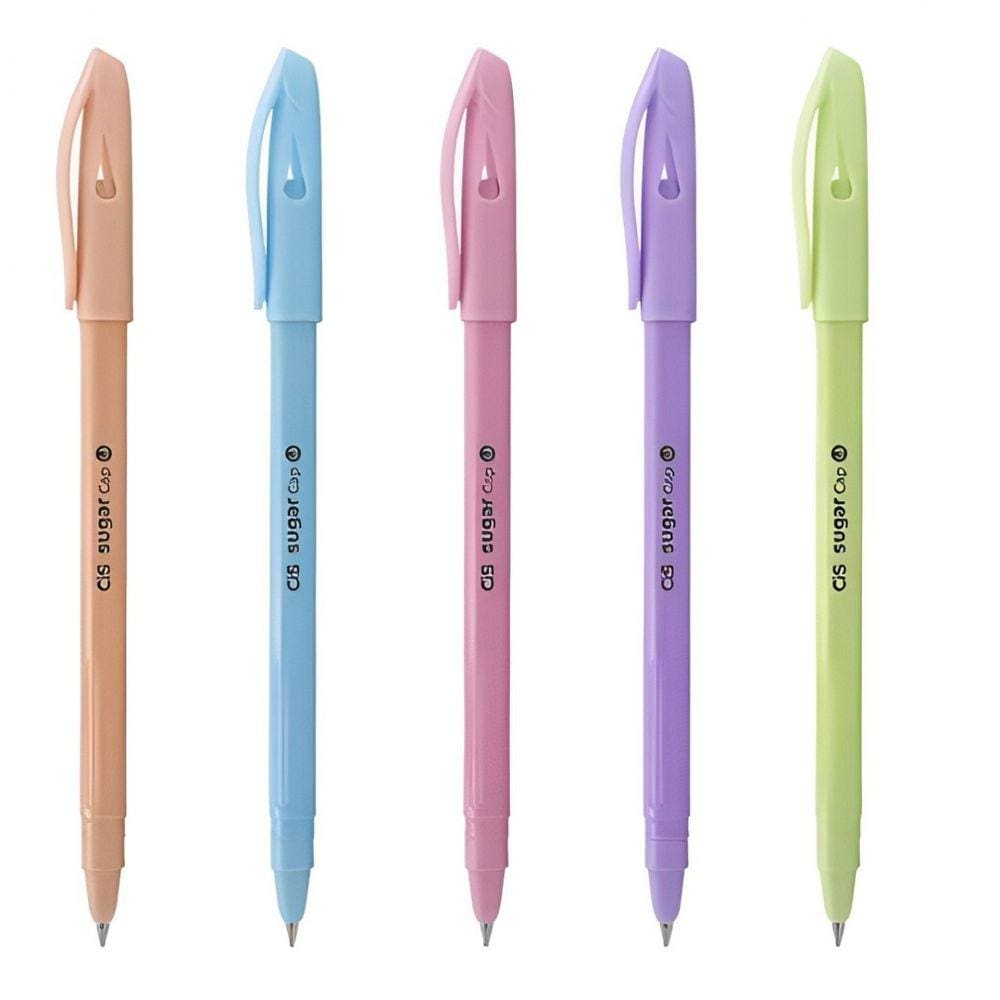 Kit Canetas-Esferográficas Sugar Cap 1.0mm - Escrita Fina - 5 Cores Tom Pastel