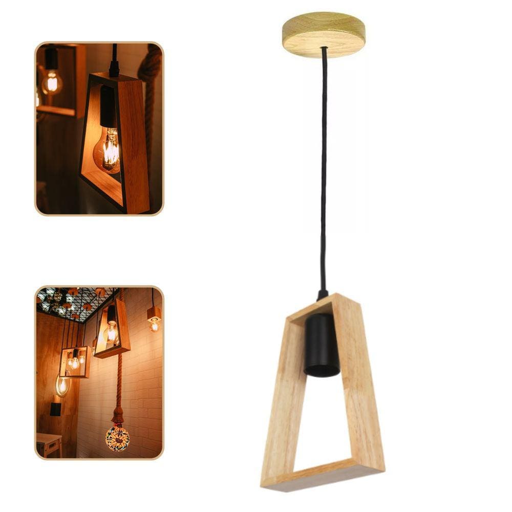 Lustre Pendente Rústico Pirâmide Em Madeira Tampa Canopla Regulável 1,20M Para Teto Fio PP Bocal Soquete E27 Bivolt