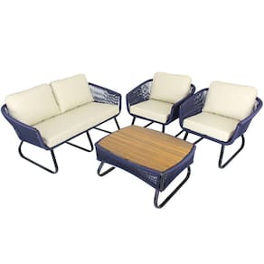 Conjunto Sofá E Poltronas Corda Alumínio Azul Marinho