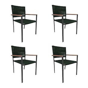 Kit 4 Cadeiras Piracicaba Corda Náutica Braço com Detalhe em Madeira Base Alumínio Preto/verde Musgo
