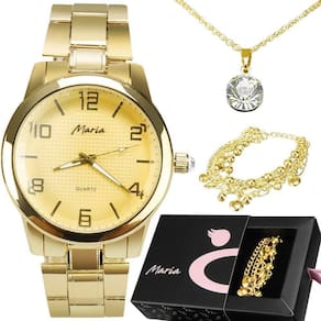 Colar Strass + Relogio Feminino Aço Banhado Ouro Moda Zirconia Casual Presente Social