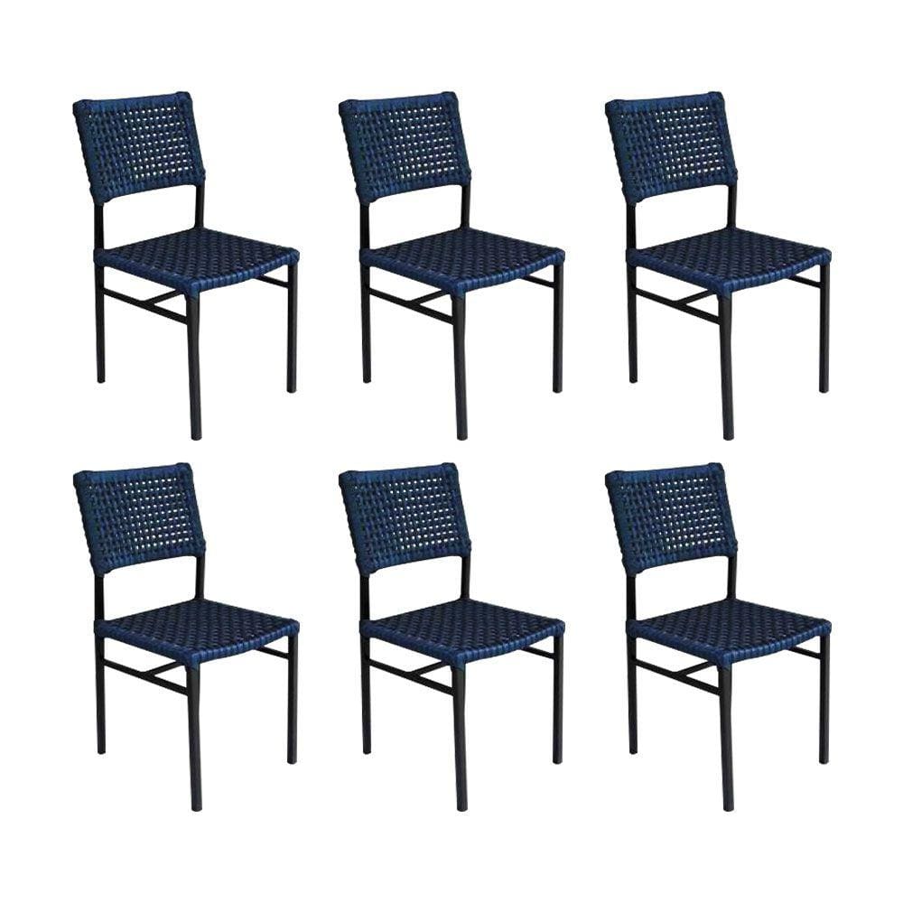 Kit 6 Cadeiras França Corda Náutica Base em Alumínio Preto/azul Marinho