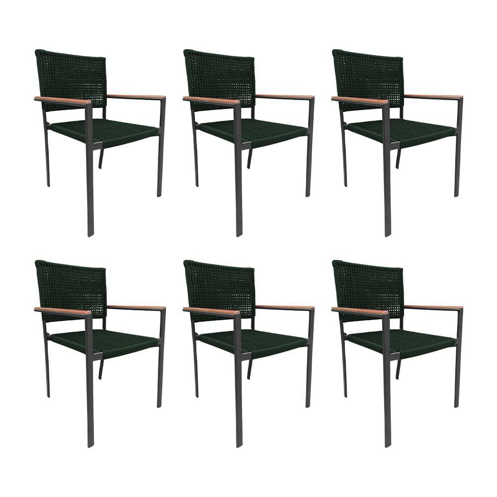 Kit 6 Cadeiras Piracicaba Corda Náutica Braço com Detalhe em Madeira Base Alumínio Preto/verde Musgo