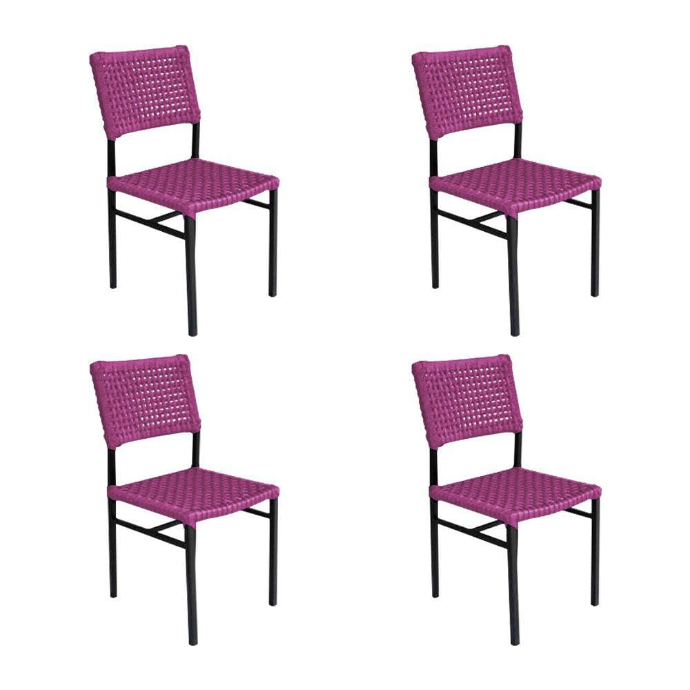 Kit 4 Cadeiras França Corda Náutica Base em Alumínio Preto/rosa