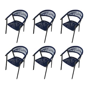 Kit 6 Cadeiras Decorativa Joana em Corda Náutica e Base em Alumínio Preta/ Azul Marinho