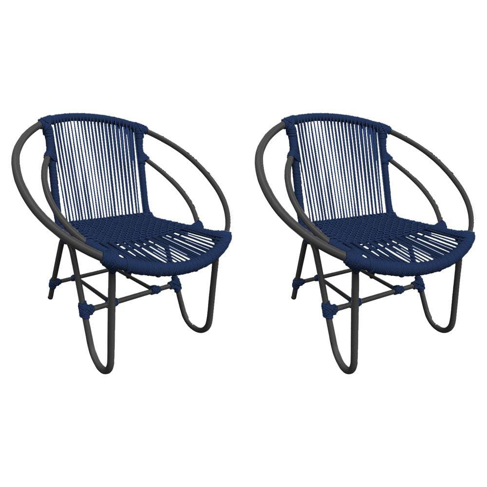 Kit 2 Cadeiras Decorativa Julia em Corda Náutica e Base em Alumínio Preta/ Azul Marinho