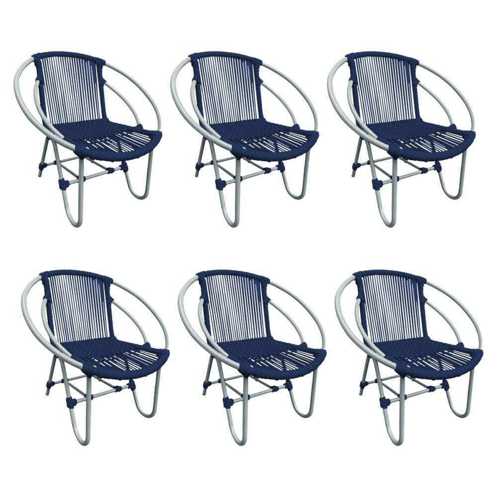 Kit 6 Cadeiras Decorativa Julia em Corda Náutica e Base em Alumínio Cinza/ Azul Marinho