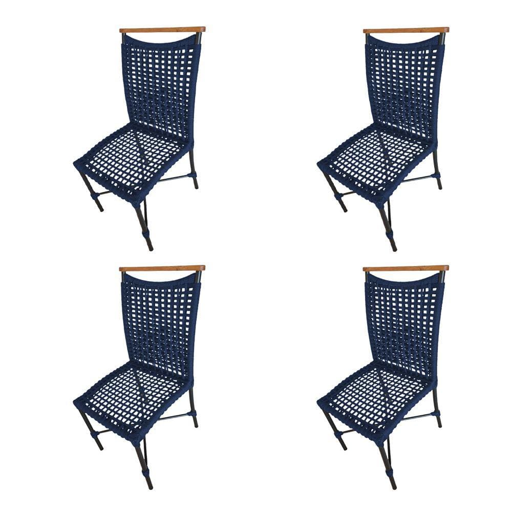 Kit 4 Cadeiras Anne Corda Náutica Detalhe em Madeira Base Alumínio Preto/azul Marinho