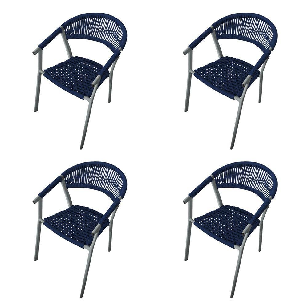 Kit 4 Cadeiras Decorativa Joana em Corda Náutica e Base em Alumínio Cinza /azul Marinho