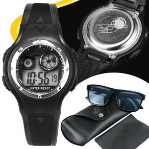 Relogio digital preto infantil led + sol oculos protecao uv data adolescente alarme esportivo menino