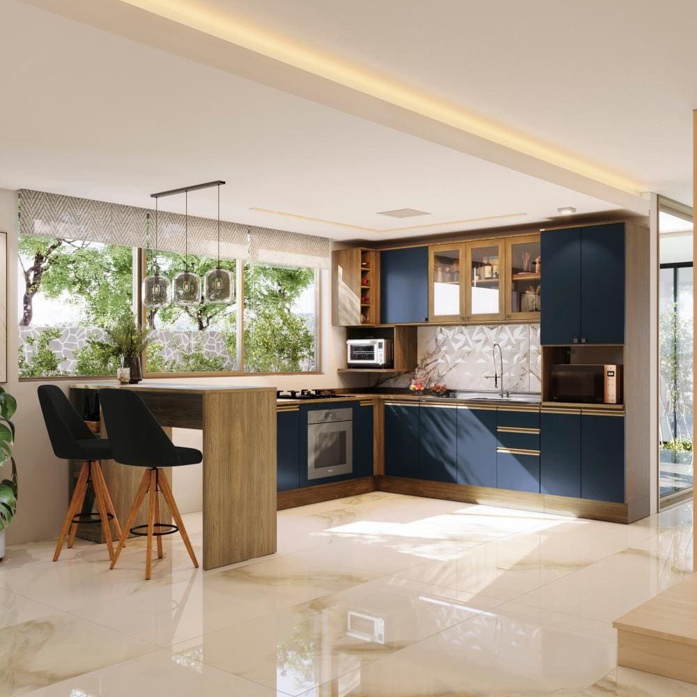 Cozinha de Canto Modulada Celeste Kappesberg 100% MDF Nogueira/Azul