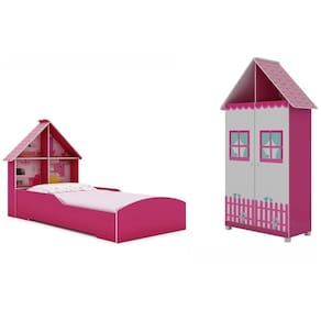 Jogo de Quarto Infantil Gelius Casinha Cama e Guarda Roupa Pink Ploc