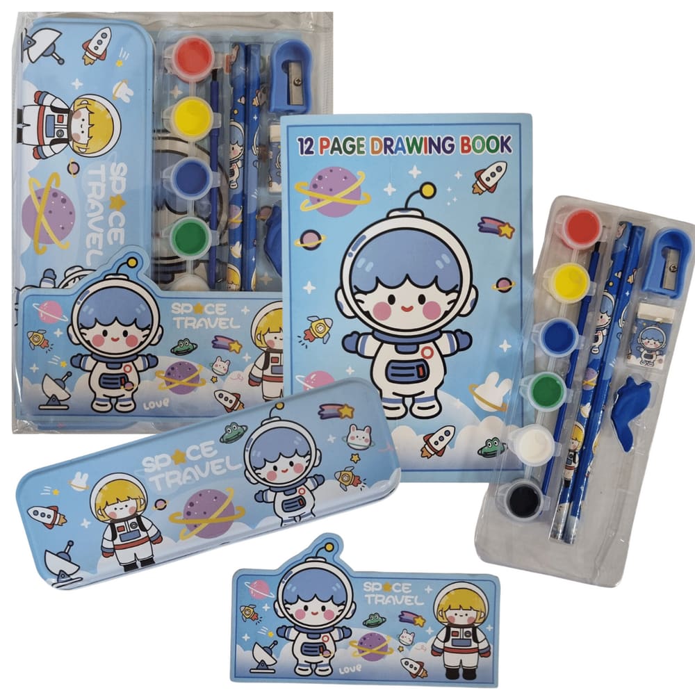 Kit Escolar Livro de Desenho 12 Paginas Com Acessórios Azul