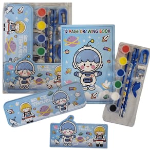 Kit Escolar Livro de Desenho 12 Paginas Com Acessórios Azul
