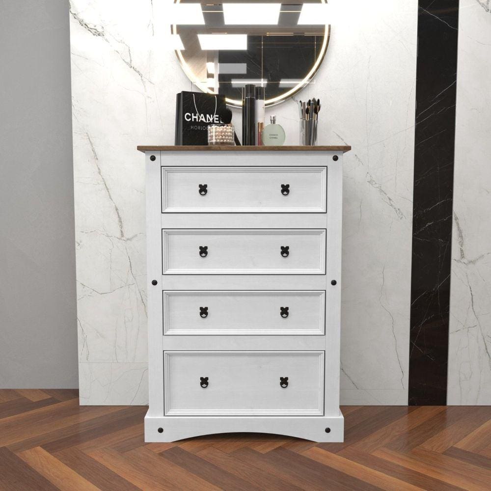 Cômoda 04 Gavetas em Madeira Maciça 129,4x90cm Branco/Nogal