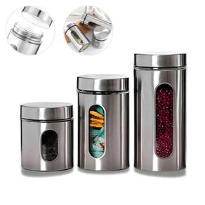 Jogo Potes Porta Mantimento Hermetico 3 Tamanhos Vidro Aço Inox Porta Alimento Graos Massas Cozinha Temperos Fruta Seca