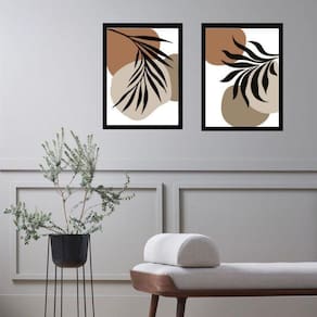 Kit 2 Quadros Folhas Abstratas - Marrom Preto Cinza 33X24Cm