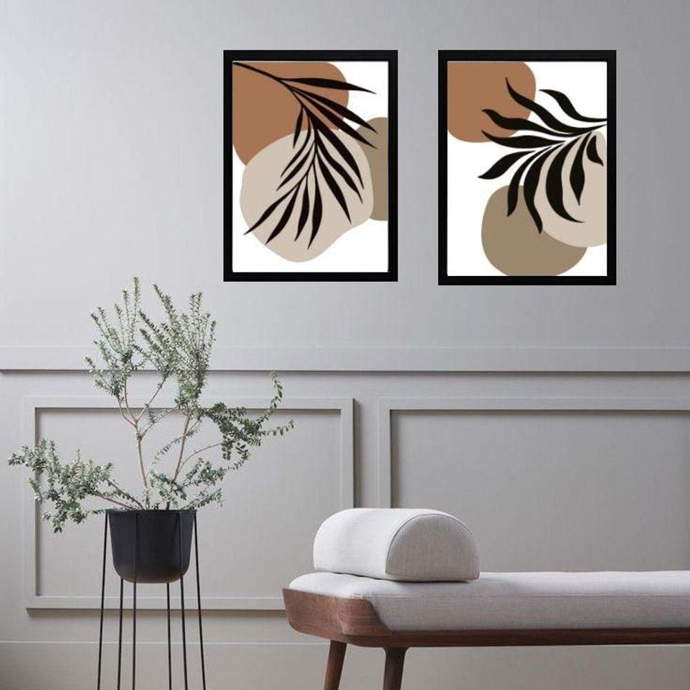 Kit 2 Quadros Folhas Abstratas - Marrom Preto Cinza 45X34Cm