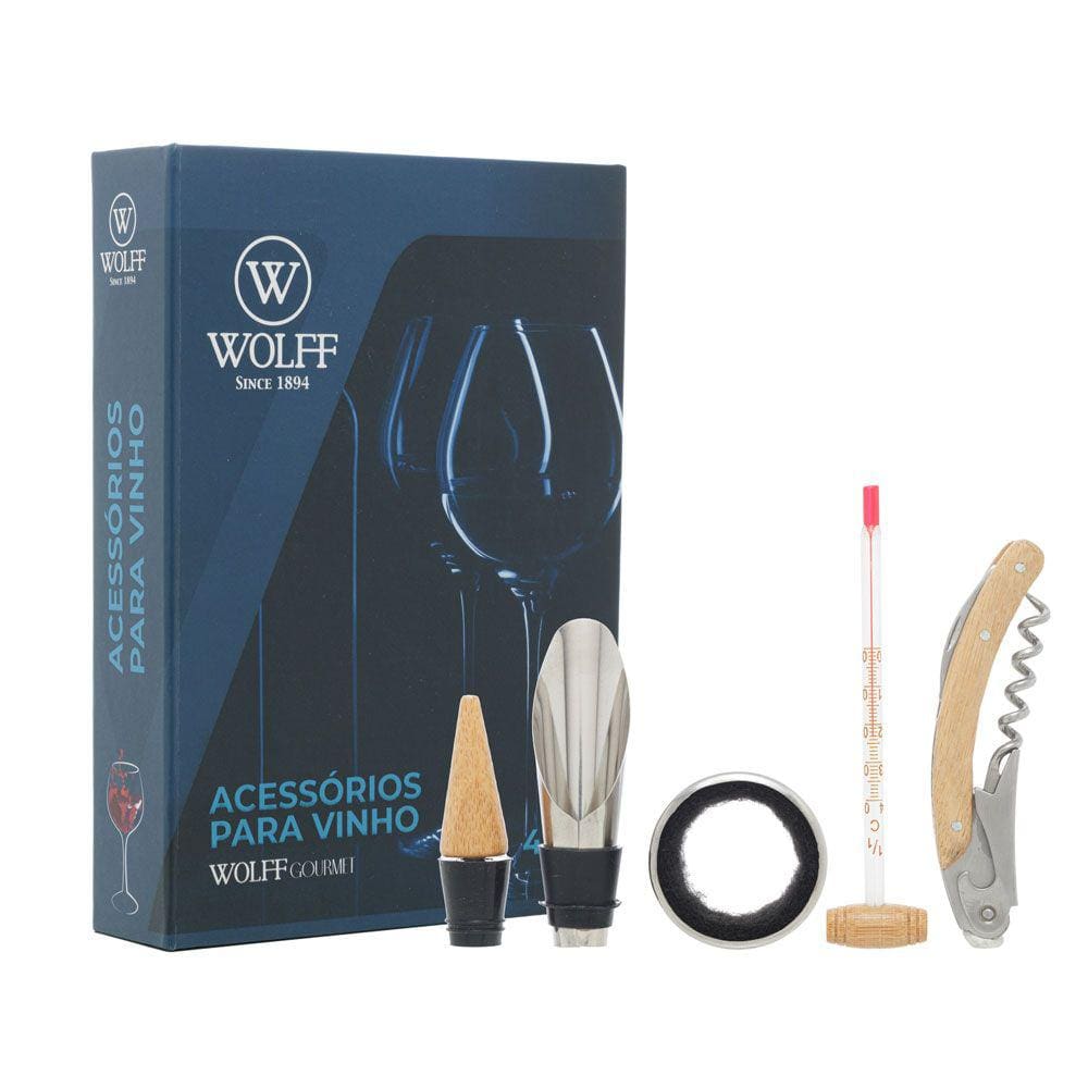 Conjunto 4 Peças para Vinho de Aço Inox Estilo Madeira 27595 Wolff