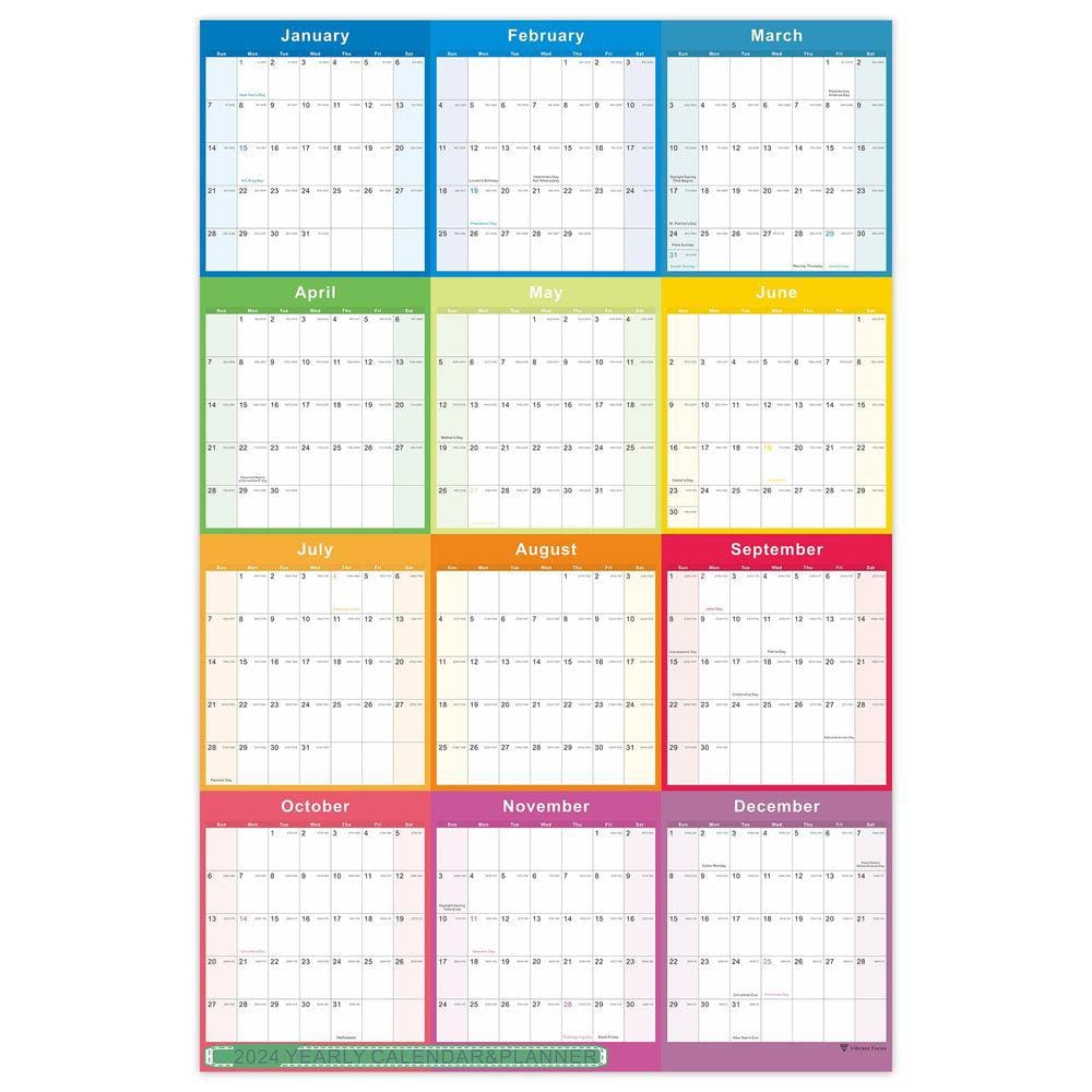 Calendário de parede Vibrant Focus 2024 anual com agenda 34,7x22,8